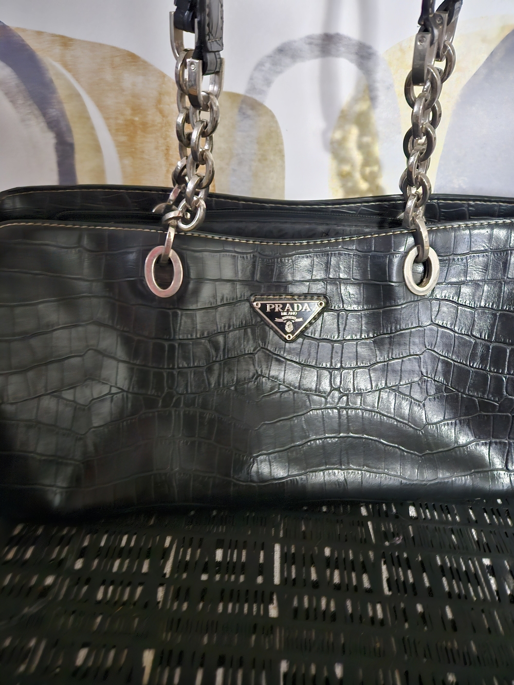 Prada Black Croc-Embossed Tote with Triangle Logo Plaque - Picture 4 of 4